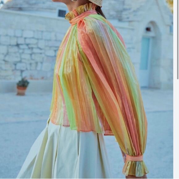 NWT Hunter Bell Savannah Pleated Mock Neck Long Blouson Sleeves Top Pastel - Picture 2 of 9